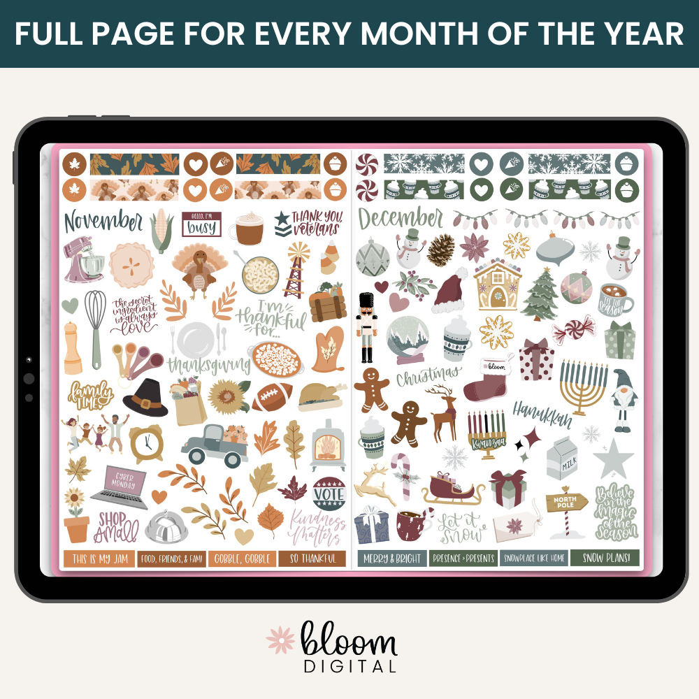 Digital Planner Stickers, Monthly Celebrations, Cool Tones