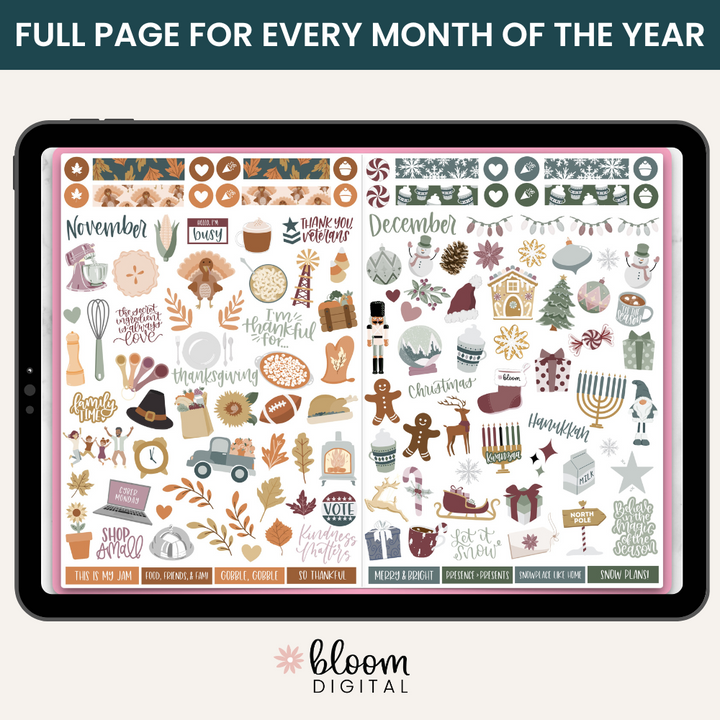 Digital Planner Stickers, Monthly Celebrations, Cool Tones