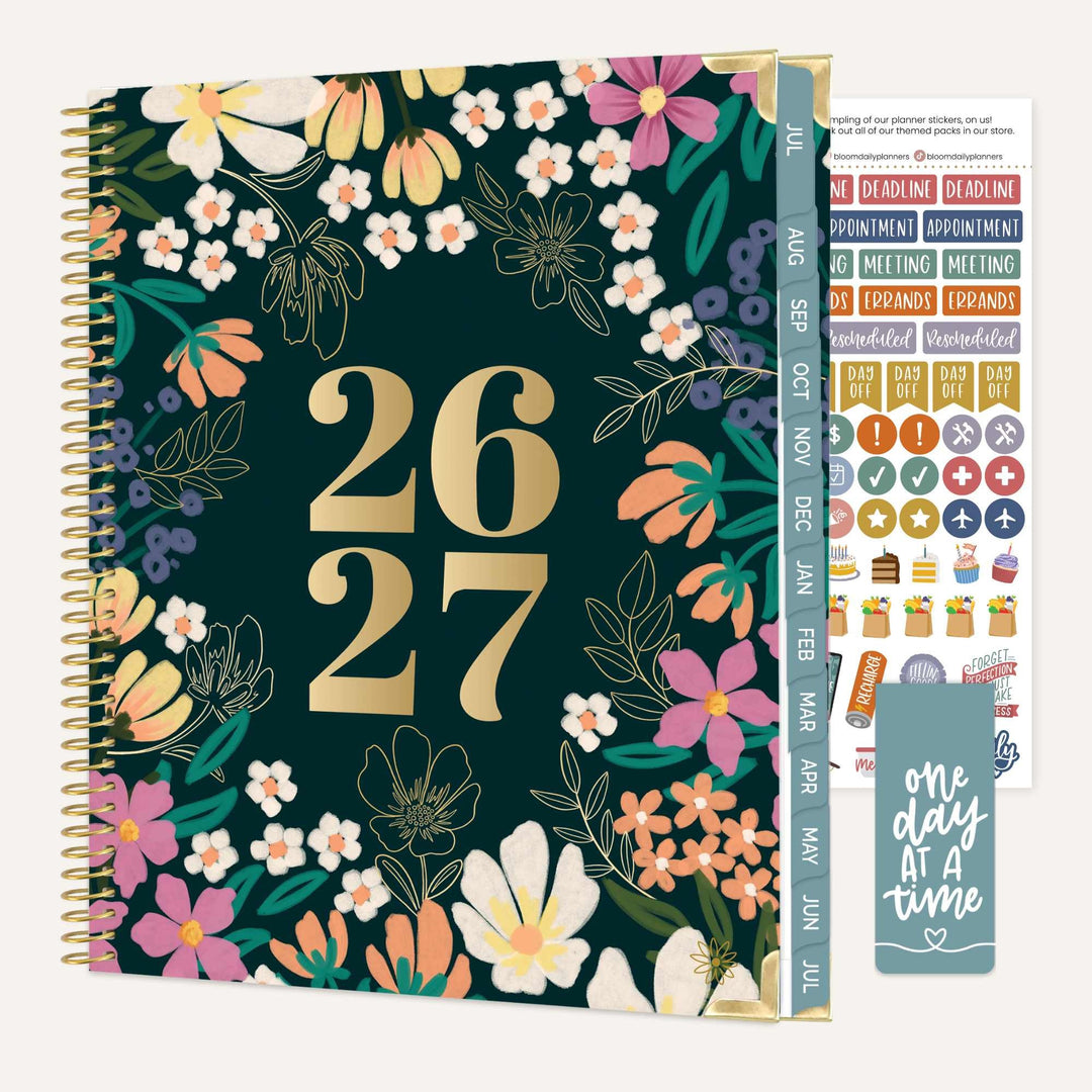 Floral-themed planner with stickers on a white background