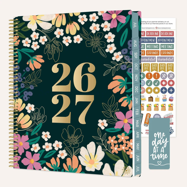 Floral design planner with '26 27' text and additional stickers on a white background