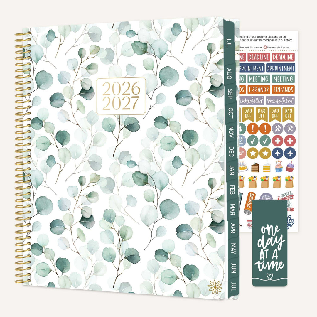 2026-2027 planner with eucalyptus design, stickers, and motivational quote on a white background