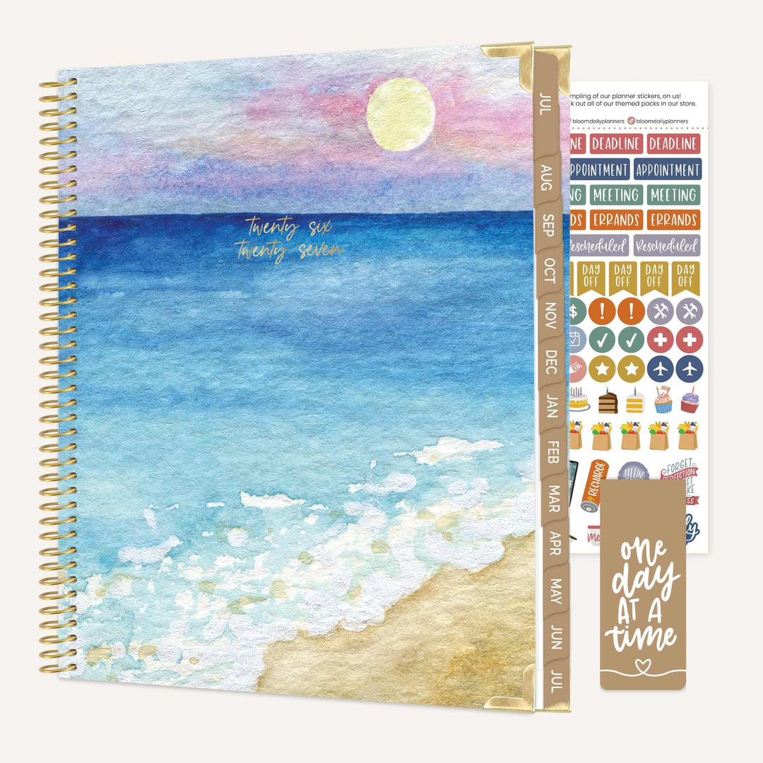Planner with beach design cover and additional stickers on the side