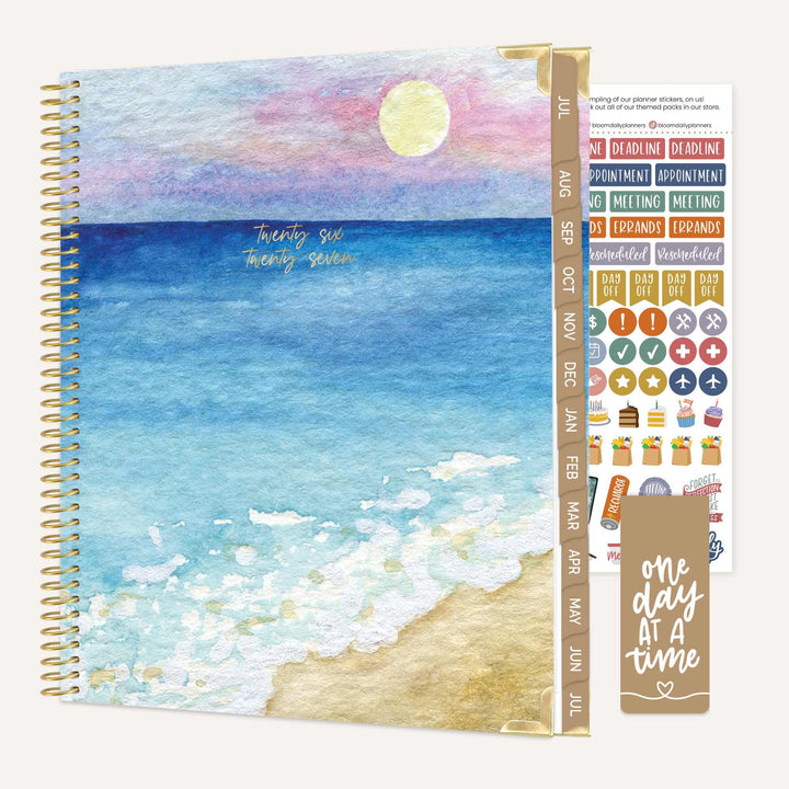 Planner with beach design cover and additional stickers on the side