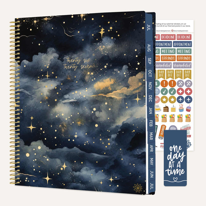 Planner with starry night design and additional stickers on a white background
