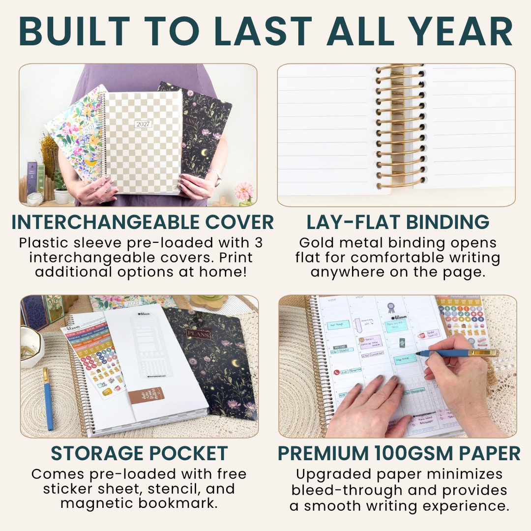 A 2x2 promotional infographic for a planner or notebook with the headline 'BUILT TO LAST ALL YEAR.' The collage shows four feature callouts: interchangeable covers, lay-flat binding, a storage pocket, and premium 110GSM paper, each with a small product photo and descriptive text on a light beige background.