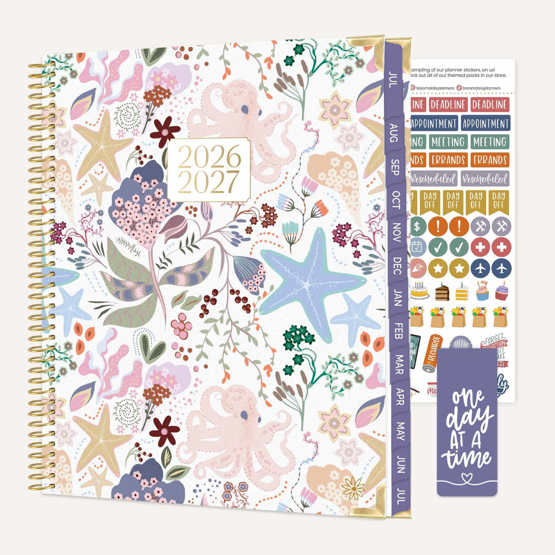 2026-2027 planner with ocean-themed design and stickers on a white background