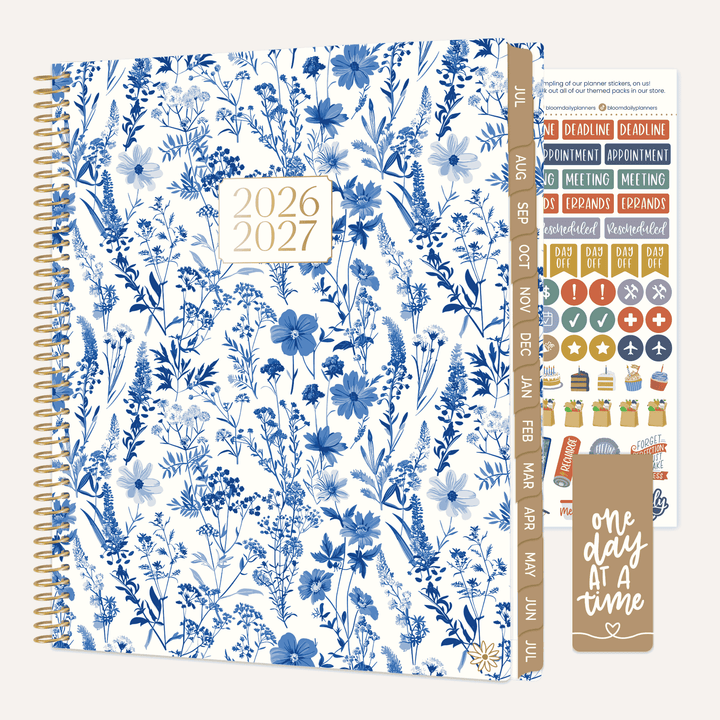 2026-2027 planner with blue floral design and additional stickers on a white background