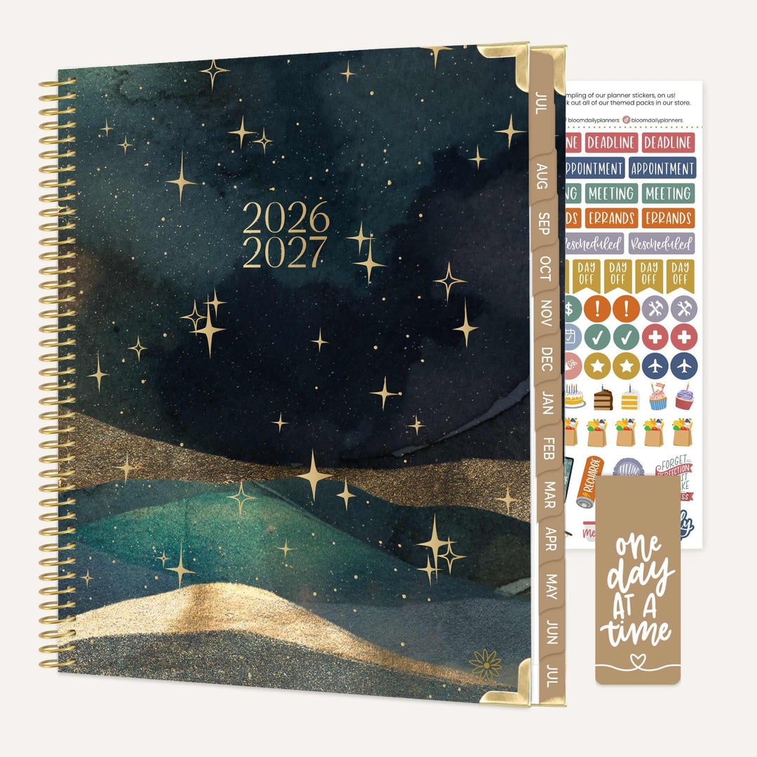 2026-2027 planner with starry night design and additional stickers on a white background