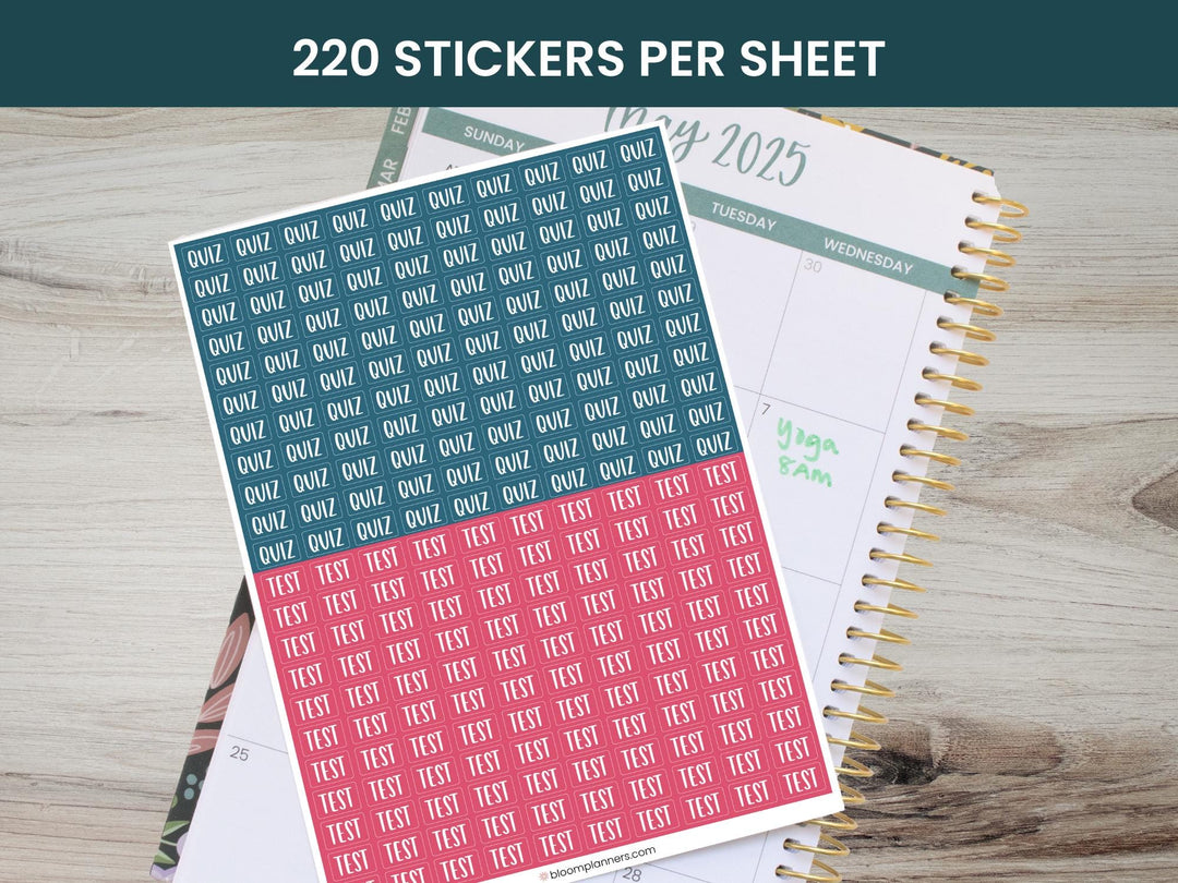 Quiz and Test Planner Stickers – Student Quiz and Test Reminder Sticker Sheet – Weekly Planning – Physical Matte Stickers - 220/Sheet