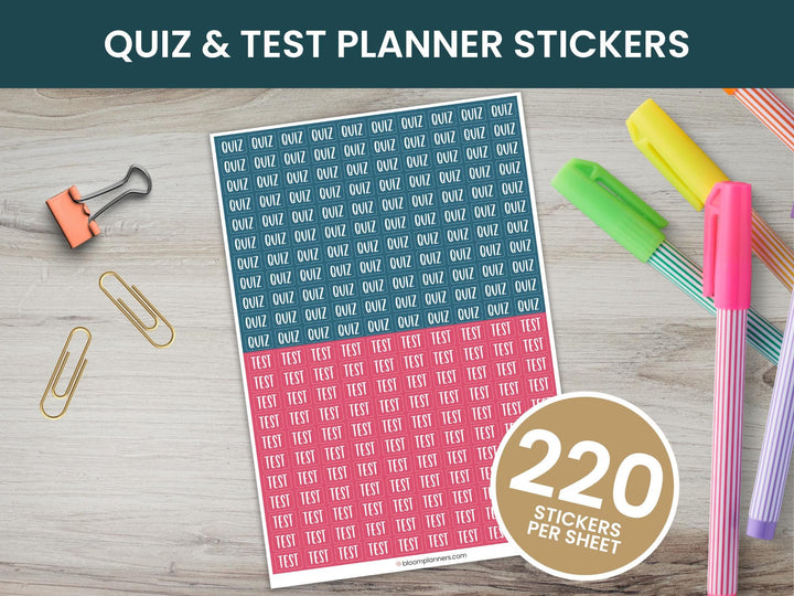 Quiz and Test Planner Stickers – Student Quiz and Test Reminder Sticker Sheet – Weekly Planning – Physical Matte Stickers - 220/Sheet