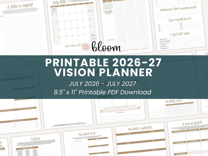 2026-27 8.5" x 11" Printable Vision Planner | Goal and Productivity Planner| Instant PDF Download