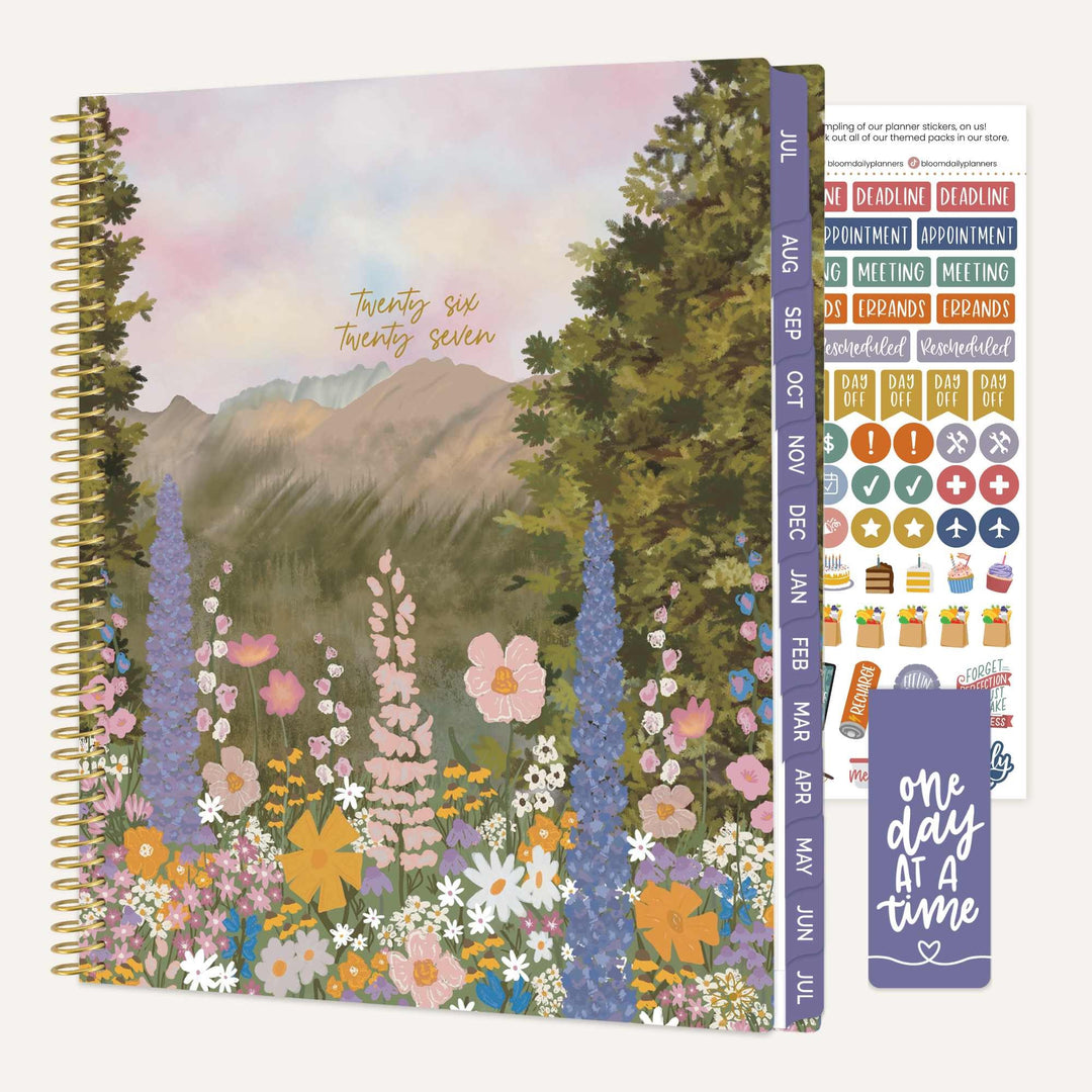 Planner with nature-themed cover and additional stickers on the side