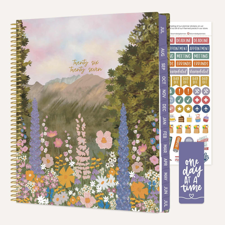 Planner with nature-themed cover and additional stickers on the side
