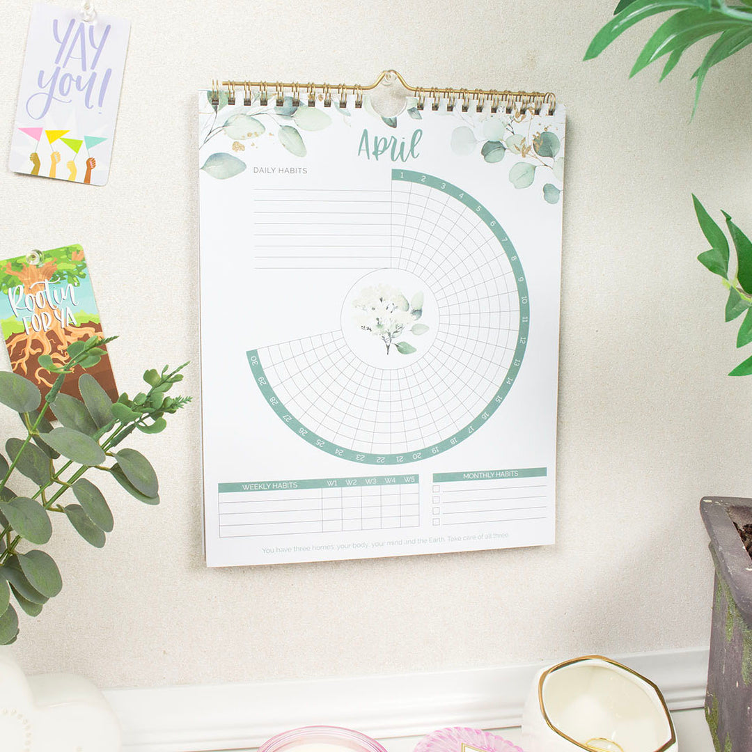 Habit Tracker Calendar- 12 Months Undated Daily Weekly & Monthly Period  Habit Tracker Journal, Greenery Floral, Spiral Binding with Writable Goals
