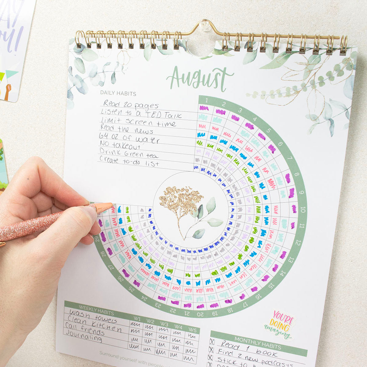 Habit Tracking Calendar, 8” x 10”, Greenery – bloom daily