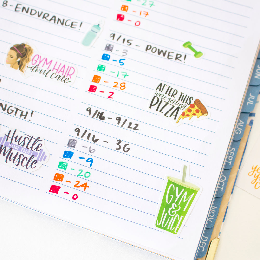 Navy Peony Fitness and Workout Planner Stickers for Women (8 Sheets, 460+ Stickers) - Gold Foil, A5 Sheets | Productivity Stickers for Daily