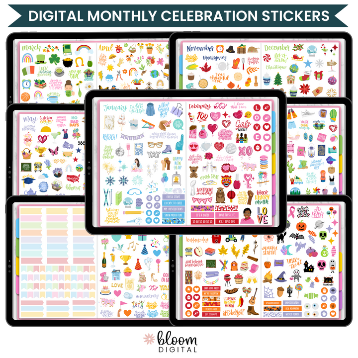Digital Sticker Pack, Monthly Celebration Stickers