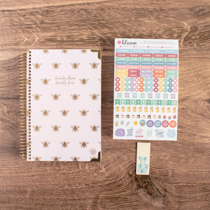 2023-24 Hard Cover Planner, 5.5" x 8.25", Gold Bees