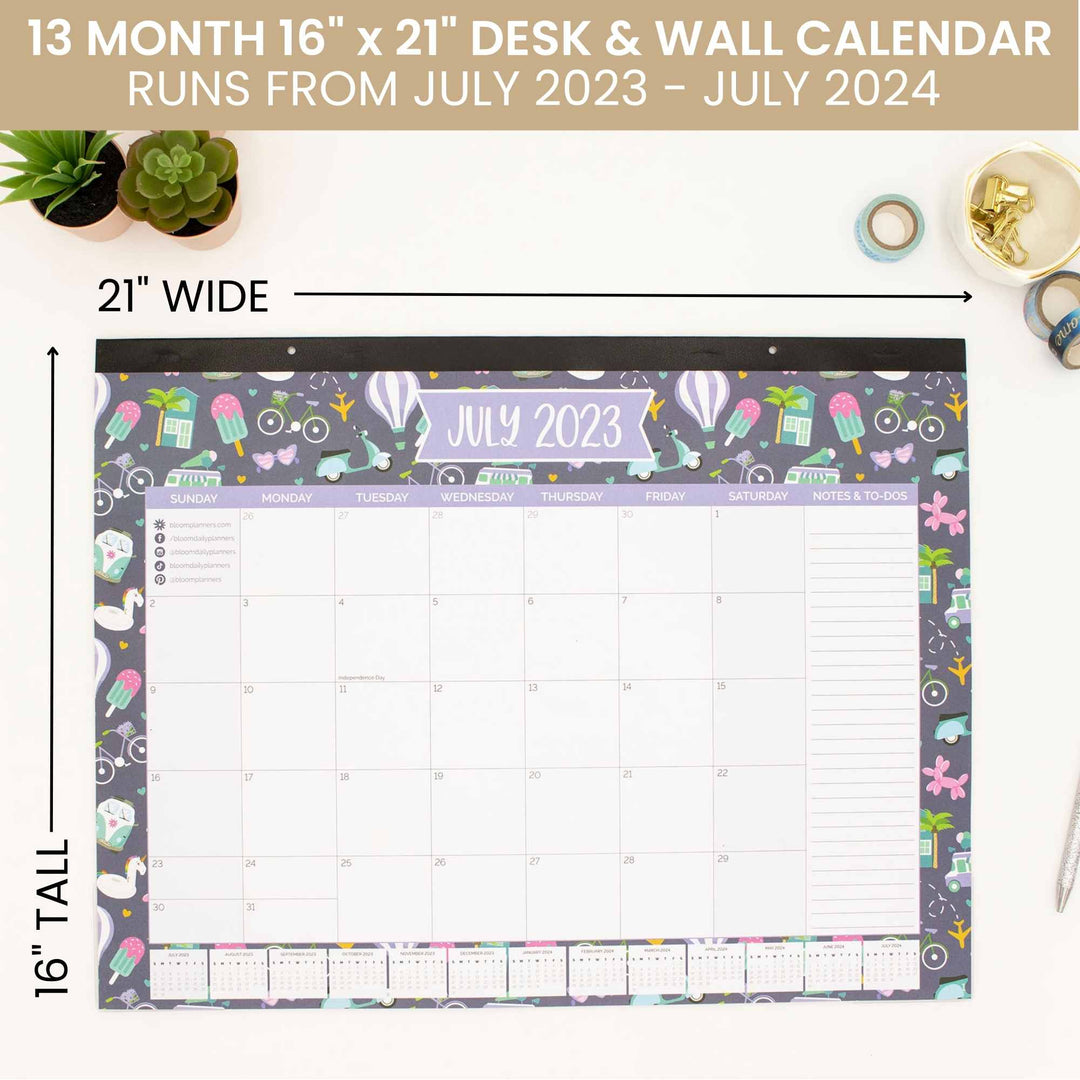 2023-24 Desk & Wall Calendar, 16" x 21", Holiday Icons