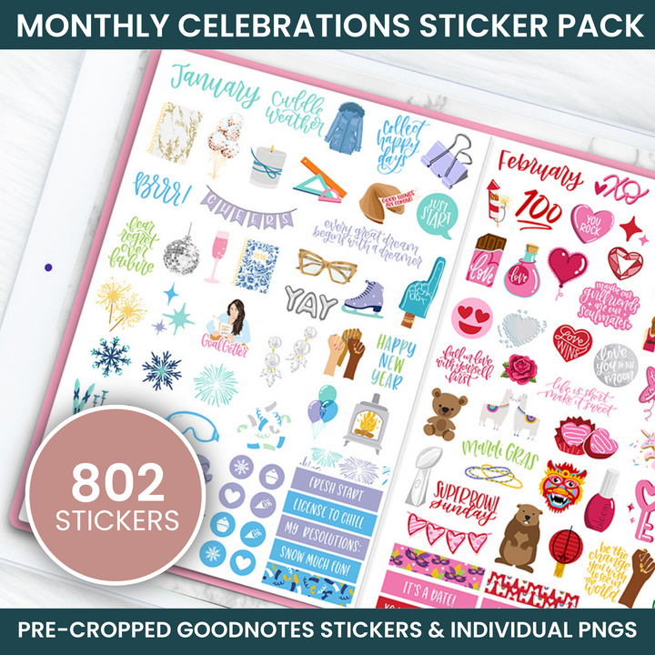 Digital Sticker Pack, Monthly Celebration Stickers
