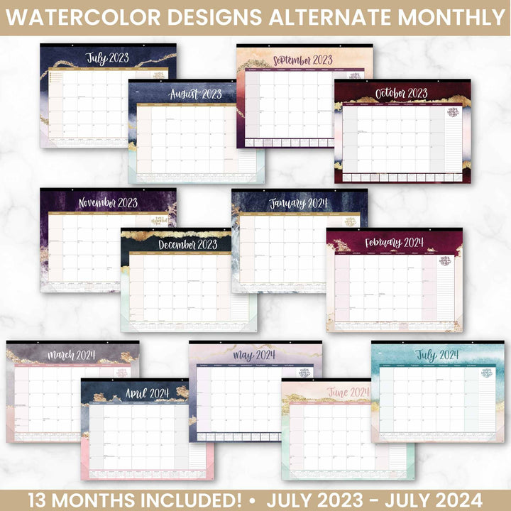 2023-24 Desk & Wall Calendar, 16" x 21", Watercolor