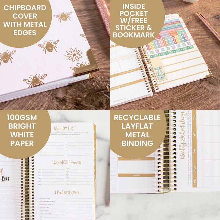 2023-24 Hard Cover Planner, 5.5" x 8.25", Gold Bees