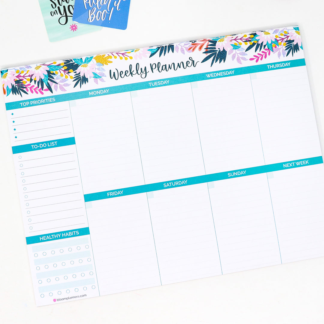 Planning Pad, 8.5" x 11", Horizontal Weekly Planner, Teal Floral