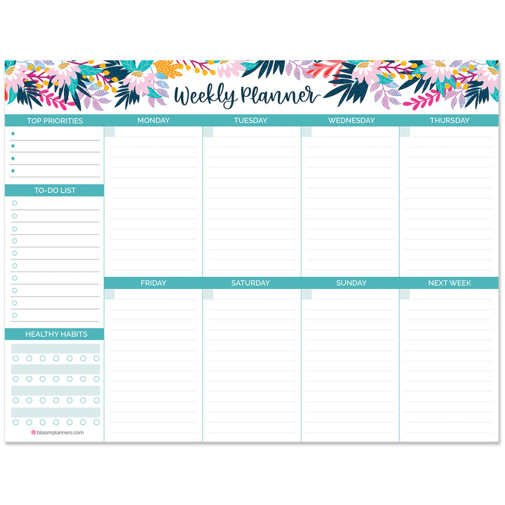 Planning Pad, 8.5" x 11", Horizontal Weekly Planner, Teal Floral