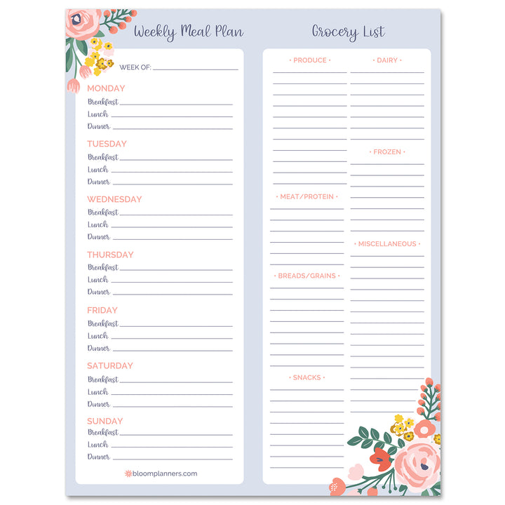 Planning Pad, 8.5" x 11", Meal & Grocery Pad with Magnets, Blue Floral