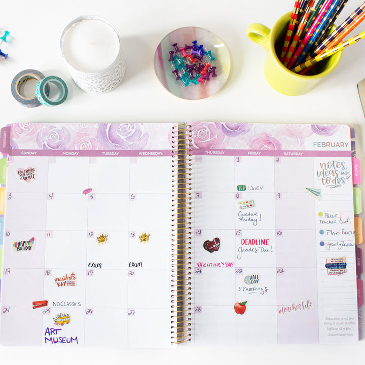 Undated Teacher Planner & Calendar, Watercolor Floral